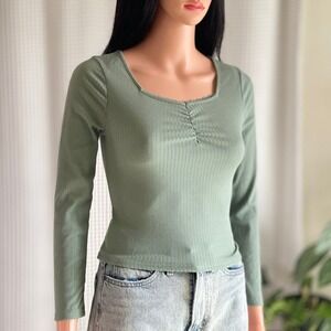 NWT RSQ Womens Sage Green Ribbed Long Sleeve Lace Trim Cinch Top Girl's Large